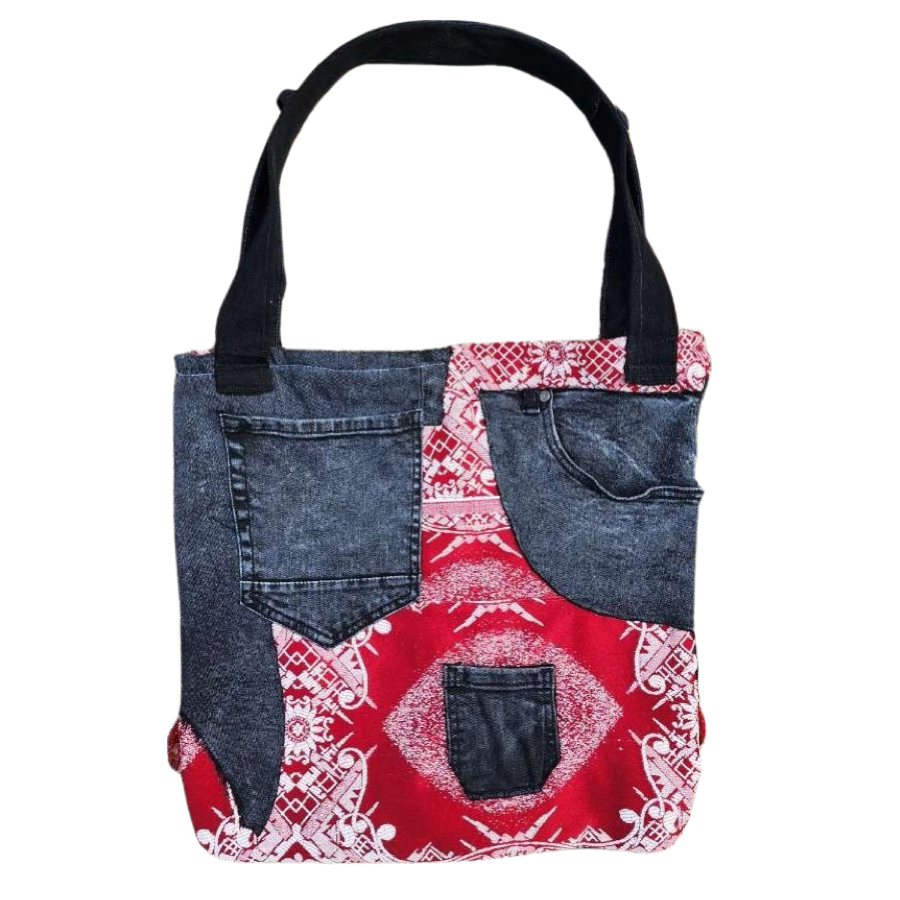 Red Tapestry & Black Denim Tote Bag