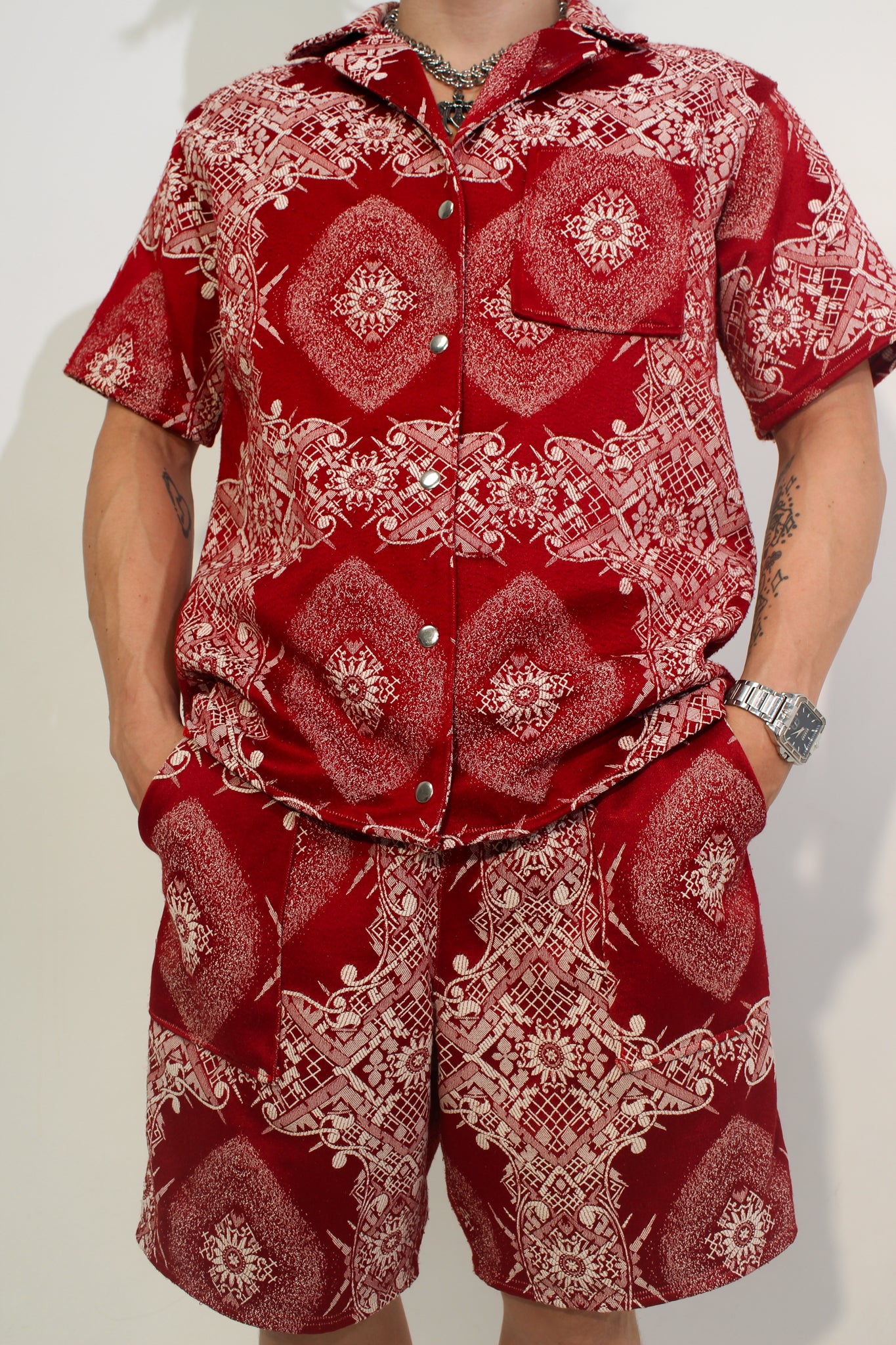 RED TAPESTRY BUTTON UP