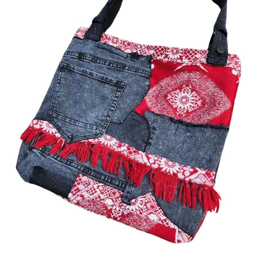 Red Tapestry & Black Denim Tote Bag