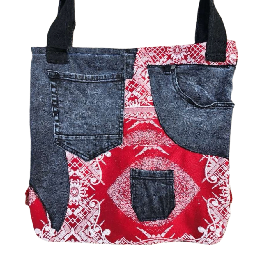 Red Tapestry & Black Denim Tote Bag