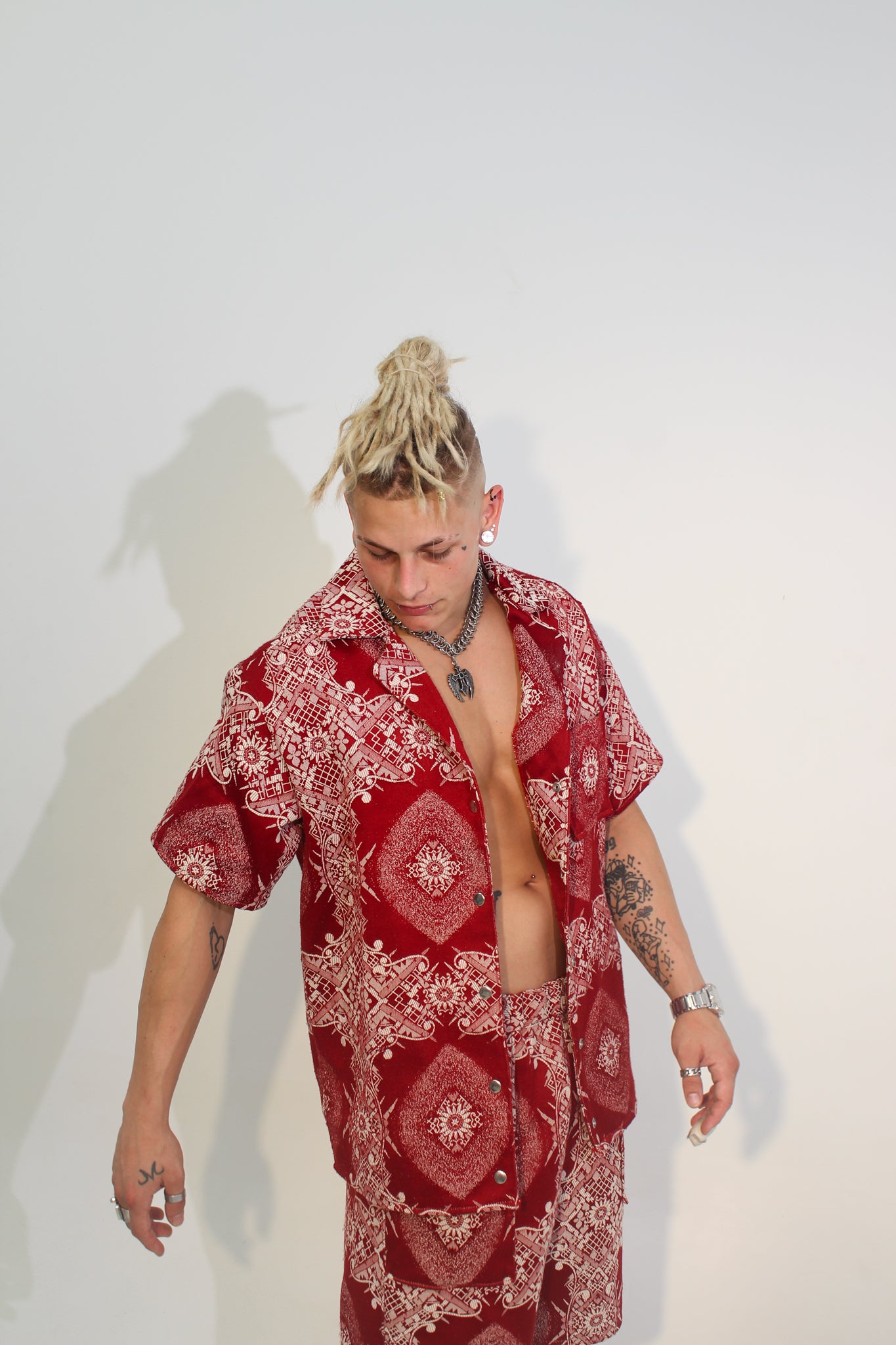 RED TAPESTRY BUTTON UP